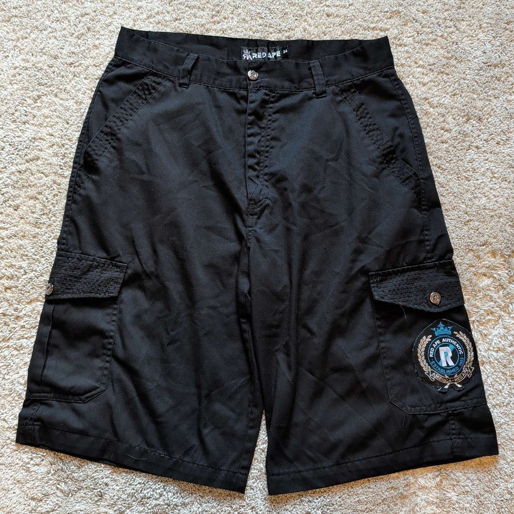 Red Ape Cargo‎ Shorts Mens 34 Black Streetwear Patch Relaxed Fit Utility